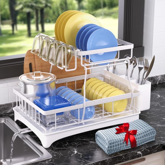 2-Tier Auto-Drain Dish Rack with Utensil & Cup Holders, Drying Mat ...