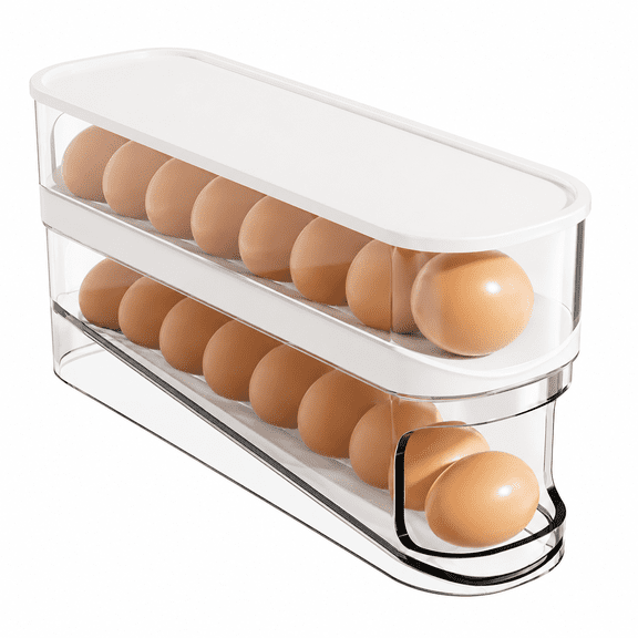 2-Tier Automatic Egg Dispenser for Refrigerator, Space-Saving Rolling Egg Organizer, Holds Up to 12–14 Eggs, Gravity-Fed Kitchen Storage Rack for Fridge Organization