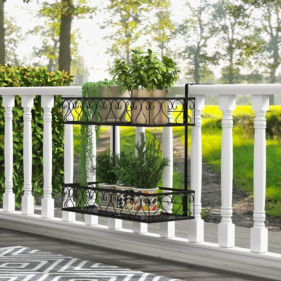2-Tier Balcony Flower Pot Stand Rack with Adjustable Hooks & Planter Baskets for Outdoor Fence