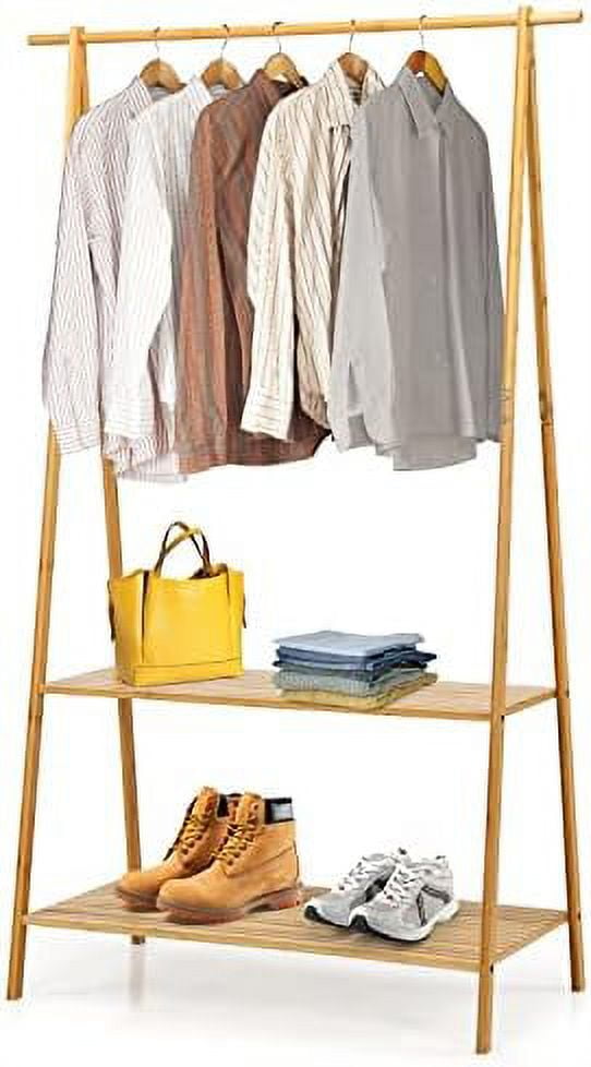 2Tier Bamboo Clothing Rack, 5.3Ft Freestanding Clothes Organizer Rack