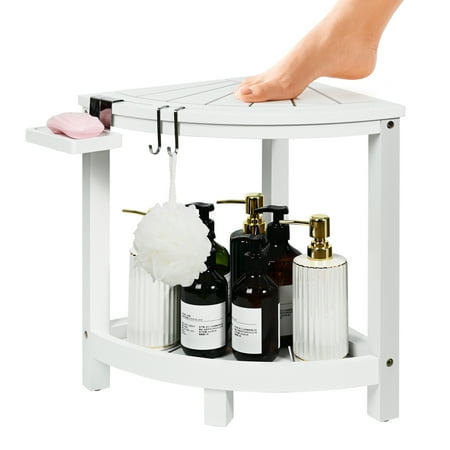 2-Tier Bamboo Corner Shower Stool for Shaving Legs, Waterproof Shower Bench with Storage Shelf and Soap Dish, Shower Chair for Inside Shower, Non-Mildew & Non-Slip Shower Foot Rest,White