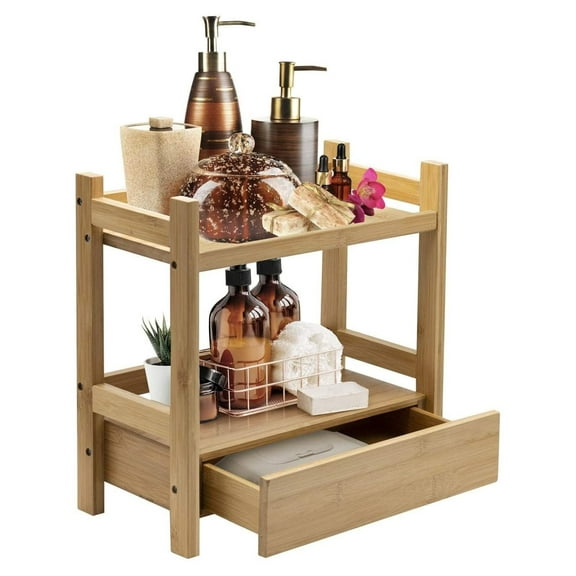2-Tier Bamboo Countertop Shelf with Hidden Drawer - Makeup Organizer for Skincare, Toiletries, Desktop - Multi-Purpose Storage Display Stand for Bathroom Vanity, Kitchen, Office