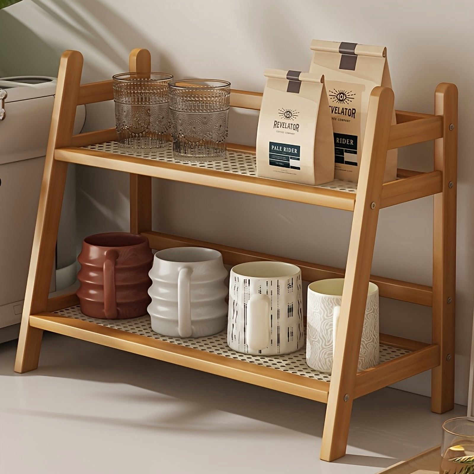 2-Tier Bamboo Countertop Storage Rack - Modern Cream Retro Style ...