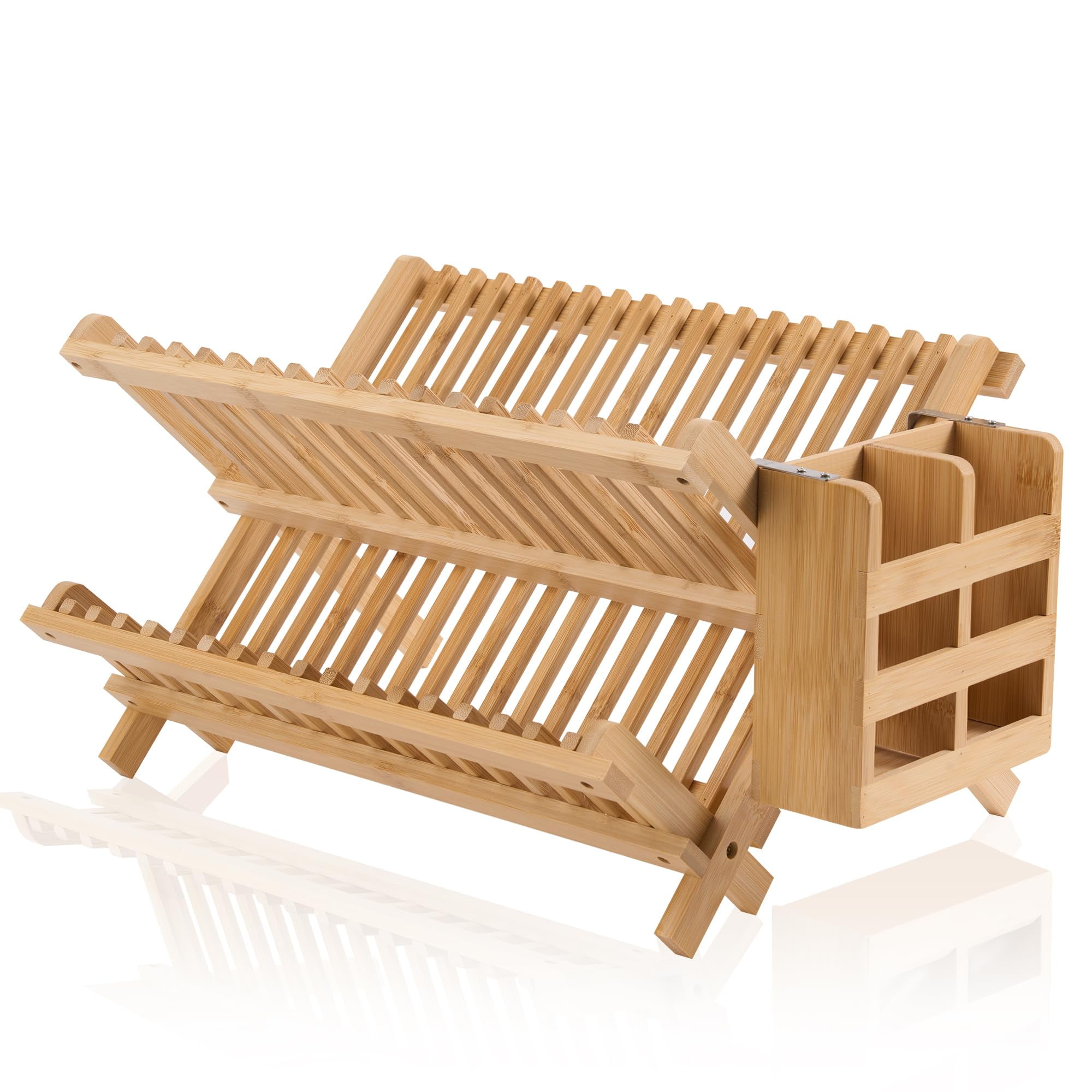 Bamboo Dish Drying Rack 2 Tier Collapsible, Wooden Kitchen Counter Organizer with Utensil Holder, Space Saving Plate Rack for Small Apartment, Brown