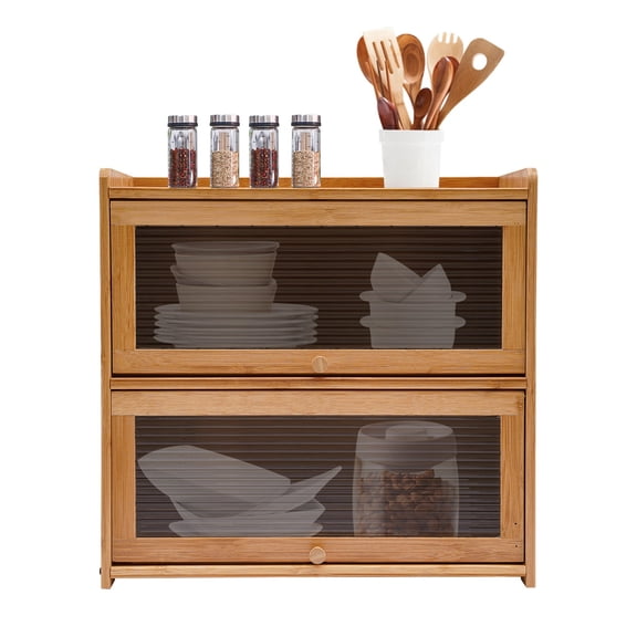 Shangmakel 2 Tier Bamboo Kitchen Pantry Storage Cabinet Countertop Pantry with 2 Sliding Striped Clear Door Stoppers, Small Pantry Sideboard Organizer Shelf for Condiments Plates Bowls