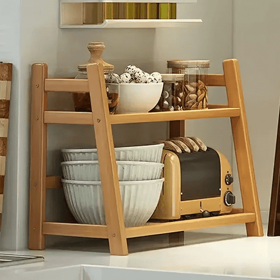 2-Tier Bamboo Ladder Shelf, Freestanding Wooden Storage Rack for Kitchen, Living Room and Office Countertop