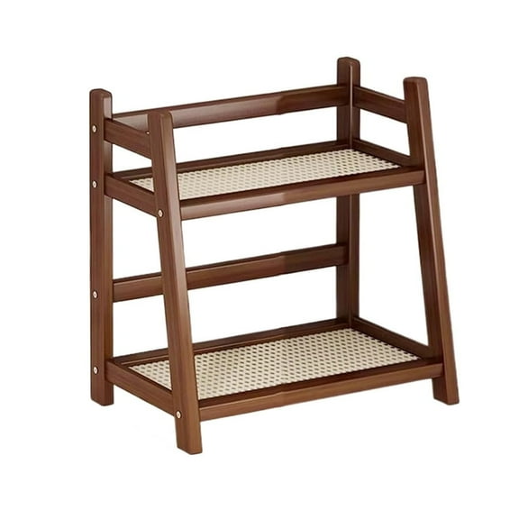 2-Tier Bamboo Mug Holder & Condiment Organizer - Countertop Coffee Station Rack for Cup, Stemware, Spice Storage | Natural Wicker-Look Kitchen Shelf (Dark Brown Color)