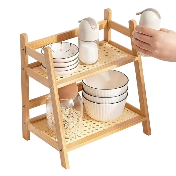 2 Tier Bamboo Mug Holder, Kitchen Home Counter Shelf for Tea Coffee Bar Accessories, Matcha Stand, Cup Display, Condiment Storage Rack