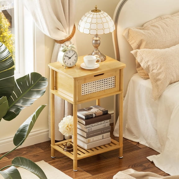 2 Tier Bamboo Nightstand, Bamboo Bedside Table, Bedroom End Tables, Narrow Side Table with Storage Drawer, Boho Small Dresser, Sofa Table, Night Stand Bed Side Tables, Home Decor, Furniture