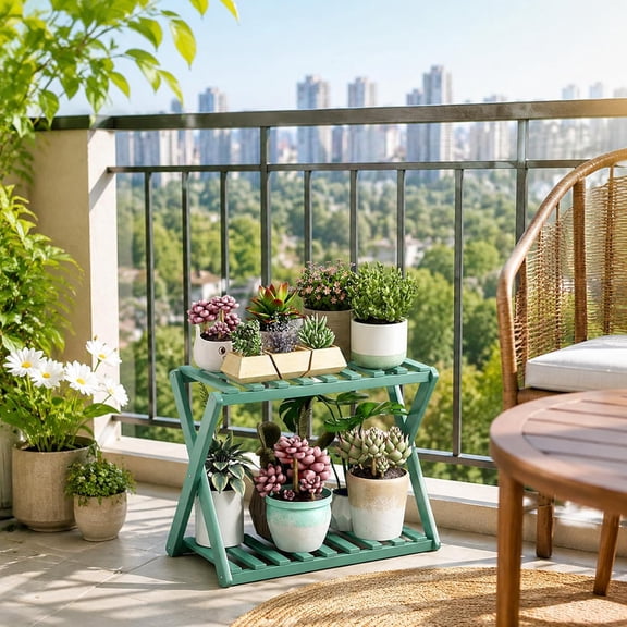 2 Tier Bamboo Plant Stand, Foldable Indoor Plant Shelf with Cross Frame, 19.69 x 9.84 x 18.5 InchPlants not included