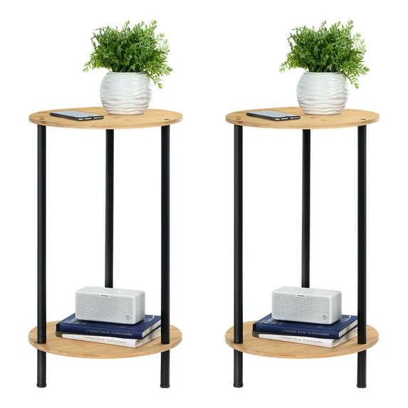2-Tier Bamboo Round Side Table Storage Table for Living Room Bedroom Patio