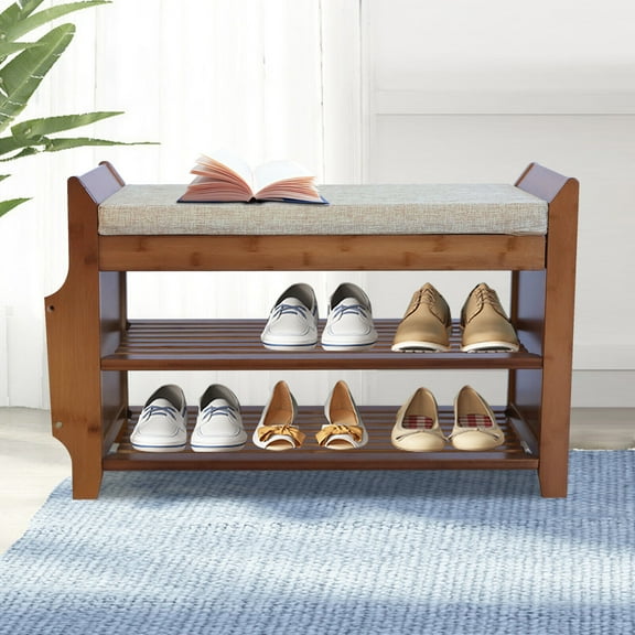 2 Tier Bamboo Shoe Bench Entryway Shoe Rack Storage Cabinet w/ Removable Cushion
