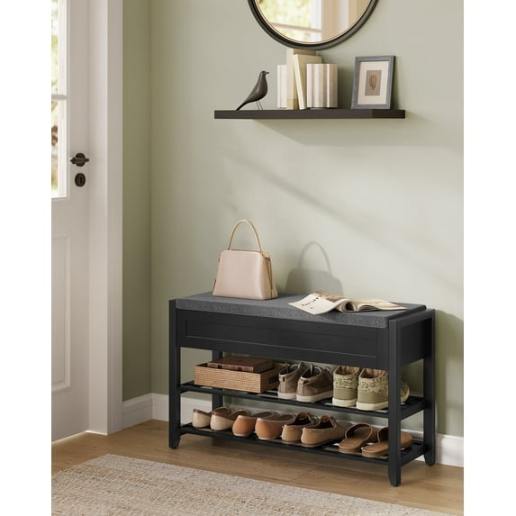 2-Tier Bamboo Shoe Bench with Hidden Storage, 31.5 Inch Entryway Organizer, Multi-Use Shelf for Shoes & Décor, Ink Black