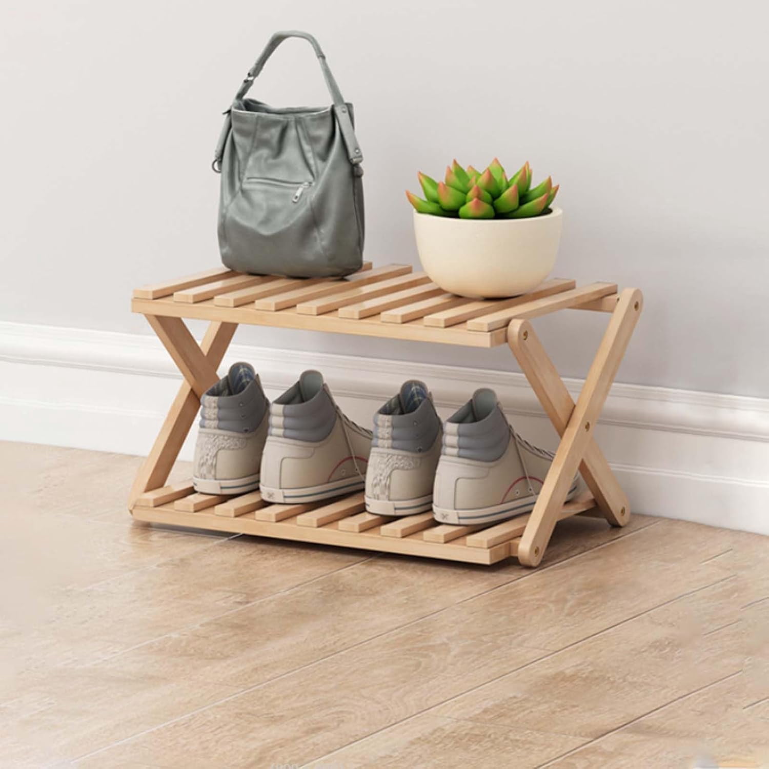 2 Tier Bamboo Shoe Rack,Portable Folding Shoe Storage Rack,Without ...