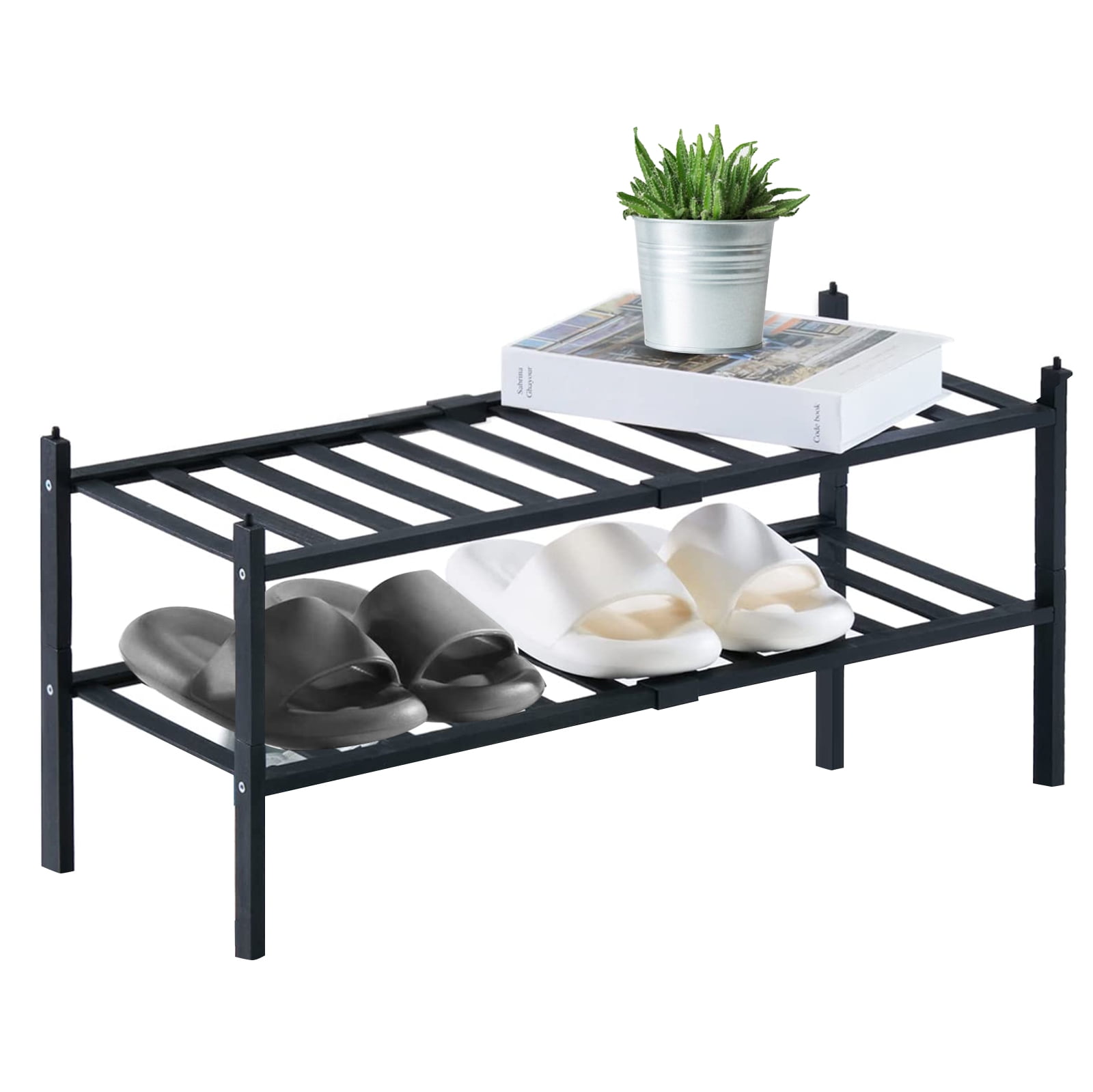 Black Bamboo Stackable 2-Tier Shoe Rack Shelf