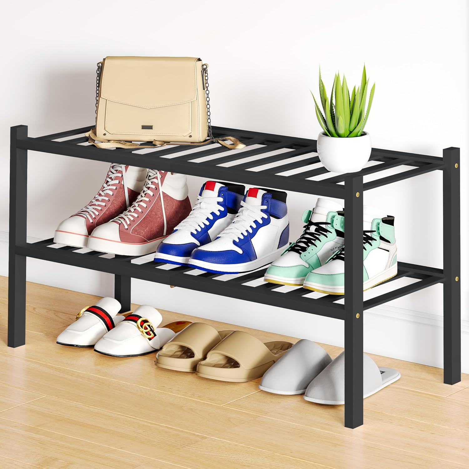 2-Tier Bamboo Shoe Rack Storage Organizer for Closet, Black and Front ...