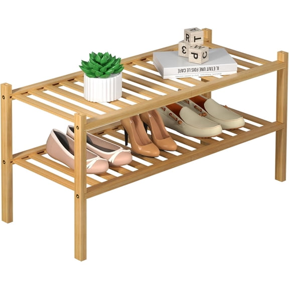 2 Tier Bamboo Shoe Rack for Closet Free Standing Wood Shoe Shelf for Entryway Small Space Stackable 27"x11"x13" (Black)