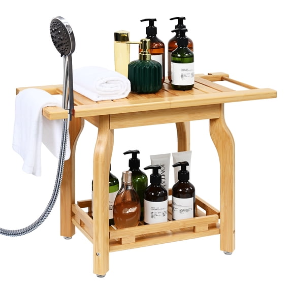 2-Tier Bamboo Shower Chair for Inside Shower, Waterproof Bathroom Baby Bath Seat with Storage Shelf and Shower Head Holder, Shower Stool for Seniors Adults Disabled Pregnant Woman
