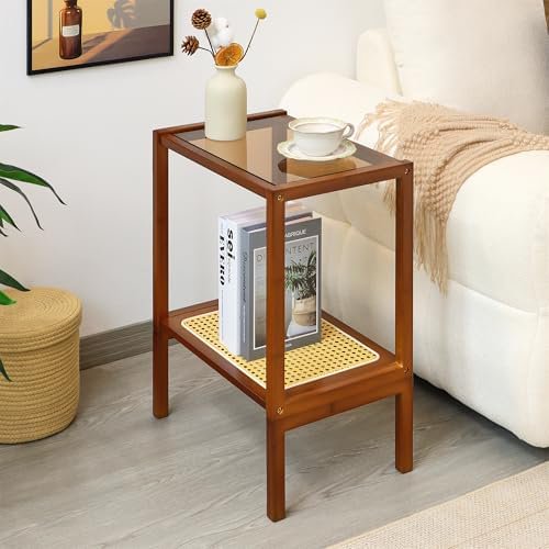 2-Tier Bamboo Side Table, Modern Glasstop Rattan Side Table, Mid Century Wood Sofa-Side End Tables for Living Room, Bedroom Night Stand with Storage, Small Narrow Coffee Tables, Walnut
