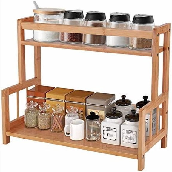 2 Tier Bamboo Spice  Organizer Kitchen Countertop Storage Shelf Free Standing Holder Under Cabinet Bathroom for Various Bottles, Jars, Space Saving$$Home Decor, Kitchen, & Other