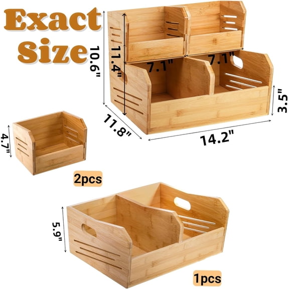 2 Tier Bamboo Stackable Storage Bins, 4 Compartment Potato and Onion Storage Baskets, Pantry Organizer Holder with Handle, Open Front Kitchen Fruit Containers for Fruit Bread Vegetable Garlic