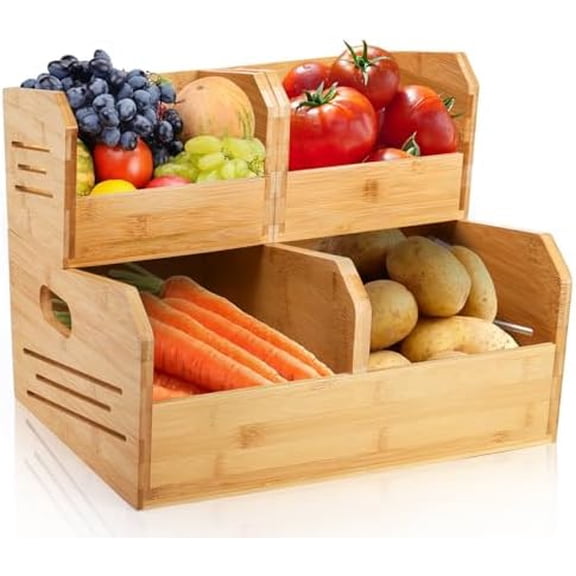 2 Tier Bamboo Stackable Storage Bins, 4 Compartment Potato and Onion Storage Baskets, Pantry Organizer Holder with Handle, Open Front Kitchen Fruit Containers for Fruit Bread Vegetable Garlic