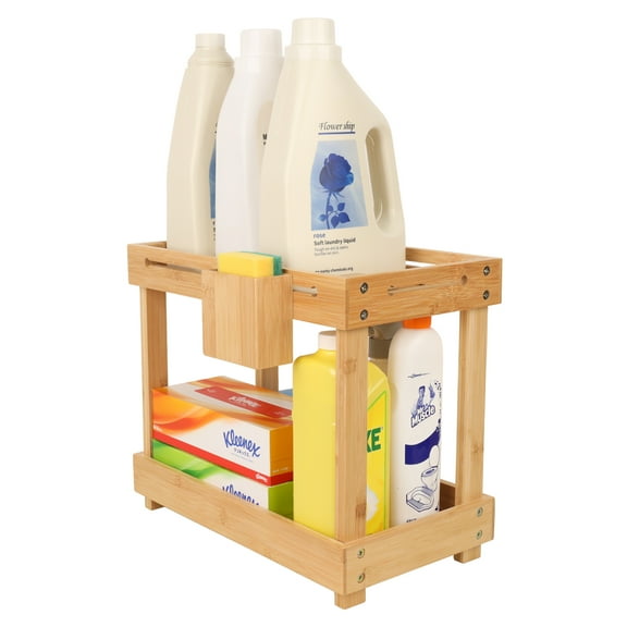 2 Tier Bamboo Under Sink Storage Kitchen Organizer, Kitchen Sink Organiser, Multipurpose Kitchen Cupboard Storage with 6 Bamboo Hooks, 1 Bamboo Hanging Box