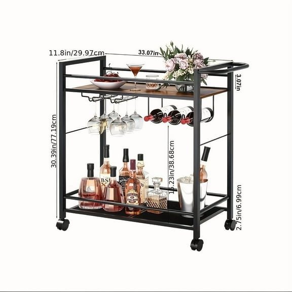 2-Tier Bar Cart with Wheels - Rolling Beverage Cart for Wine & Glasses | Modern Black Serving Cart for Kitchen/Living Room