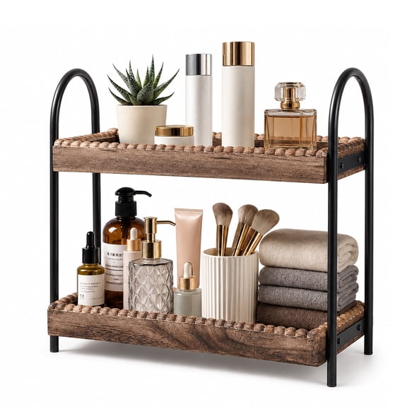 2 Tier Wood Bathroom Countertop Organizer for Vanity, Perfume Storage Shelf, Bathroom Organizers and Storage, Rustic Wooden Counter Display