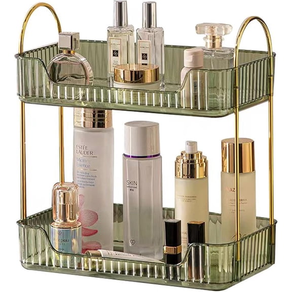 2-Tier Bathroom Counter Organizer, Countertop Storage Rack for Makeup, Skincare, Perfume and Cosmetics, Vanity Shelf Organizer, Green