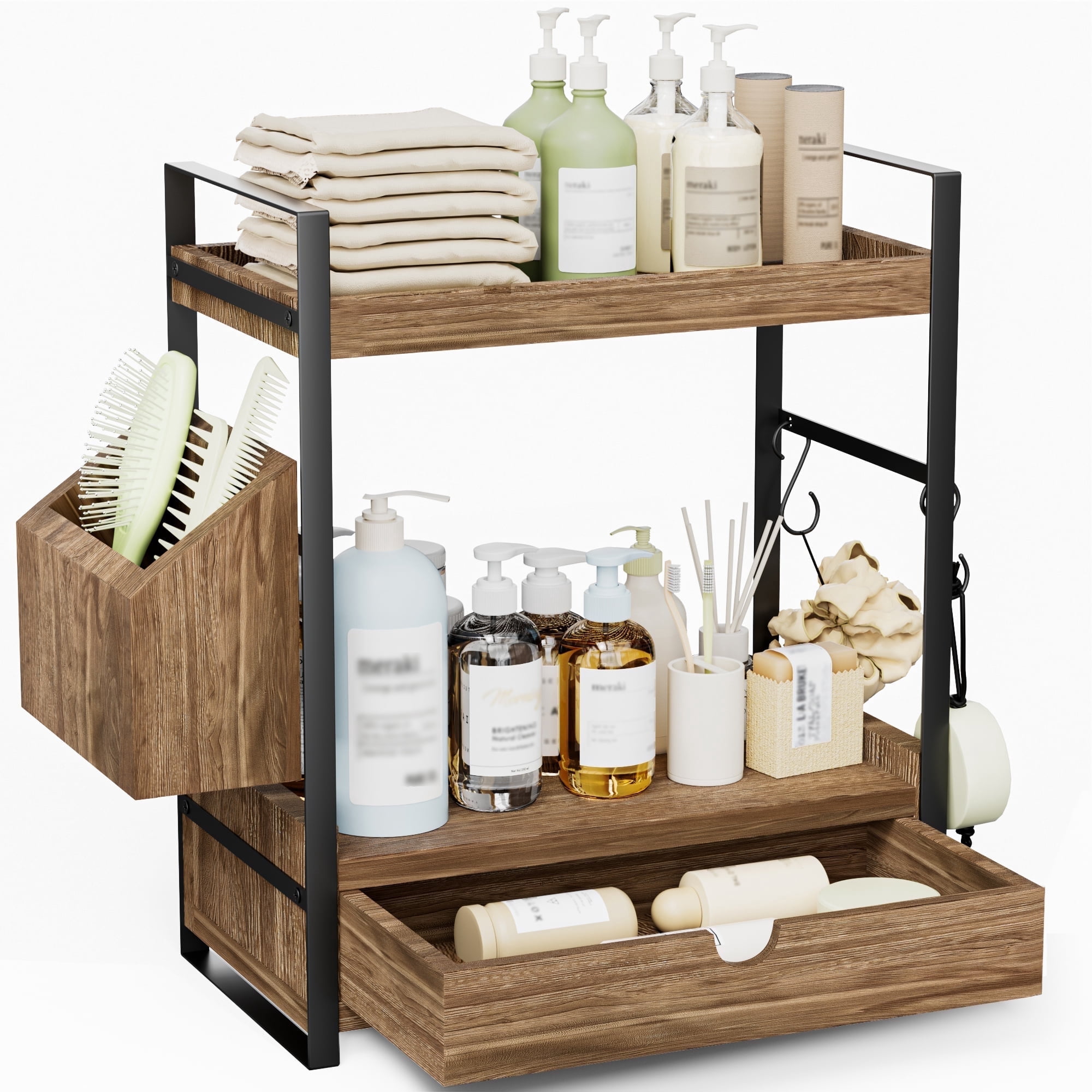 Gijjgole 2-Tier Bathroom Counter Organizer with Drawer and Basket, Wood Countertop Organizer for Storage, Skincare Organizers for Vanity, Counter Shelf for Bathroom Organization