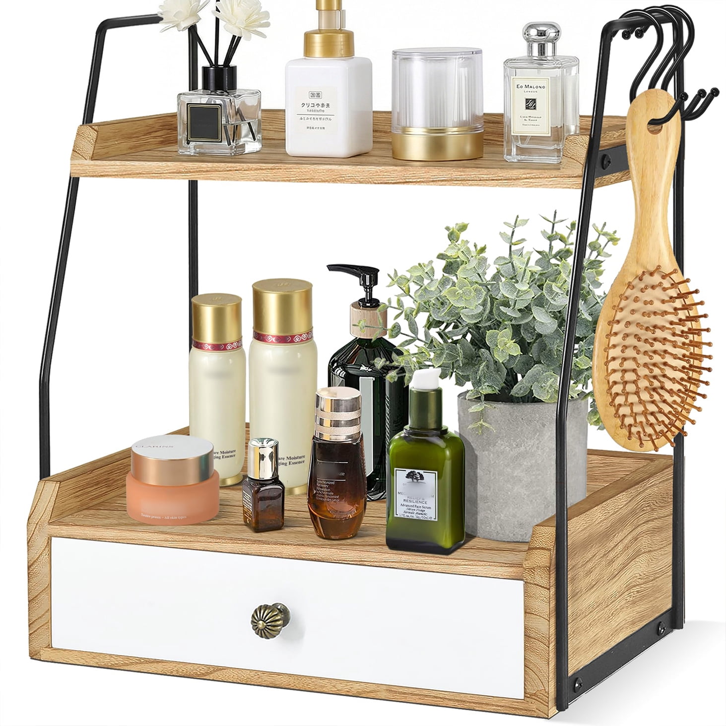 2 Tier Bathroom Counter Organizer with Drawer, Wood Bathroom Storage Shelf Counter for Cosmetic Vanity Tray Kitchen Spice Rack Coffee Station Organizer, Bathroom Decor