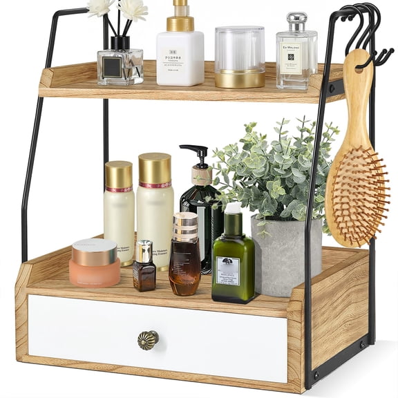2 Tier Bathroom Counter Organizer with Drawer, Wood Bathroom Storage Shelf Counter for Cosmetic Vanity Tray Kitchen Spice Rack Coffee Station Organizer, Bathroom Decor