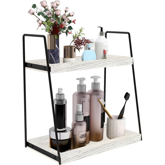 2 Tier Bathroom Counter Organizer Storage, Organizer for Bathroom Counter, Standing Rack for Kitchen(Rustic White)
