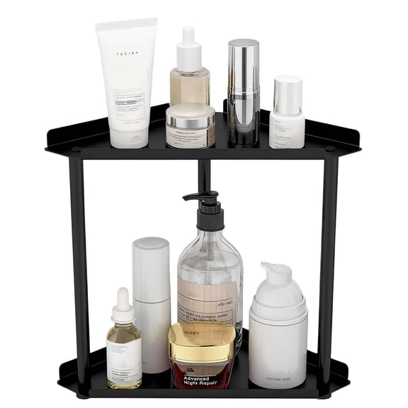 2 Tier Bathroom Counter Organizer, Vanity Organizer Corner Shelf, Skincare, Makeup Countertop Organizers, Kitchen, Bathroom Counter Storage, Black