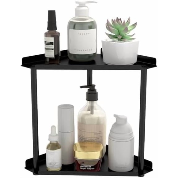2 Tier Bathroom Counter Organizer, Vanity Organizer Corner Shelf, Skincare, Makeup Countertop Organizers, Kitchen, Bathroom Counter Storage, Black