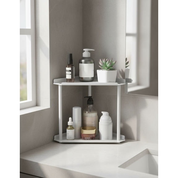 2 Tier Bathroom Counter Organizer, Vanity Organizer Corner Shelf, Skincare, Makeup Countertop Organizers, Kitchen, Bathroom Counter Storage, White