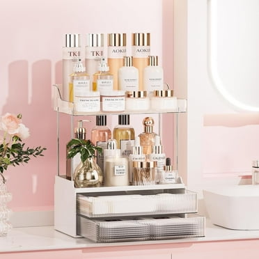 Delamu Clear Plastic Vanity Organizer with Drawer - Skincare, Makeup Storage for Bathroom Countertop