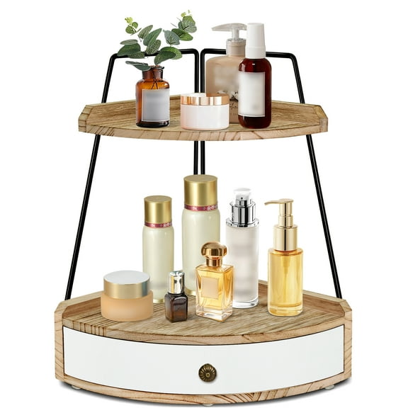2 Tier Bathroom Counter Organizer, Wood Bathroom Organizer Countertop with Drawer, Corner Storage Shelf for Cosmetic Vanity Tray, Kitchen Spice Rack, Kitchen Organizer and Storage