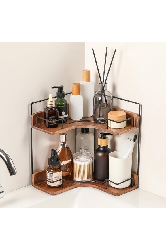 2-Tier Bathroom Counter Organizer, Wooden Corner Slf for Vanity Countertop Skincare & Makeup, Storage and Organization Kitcn