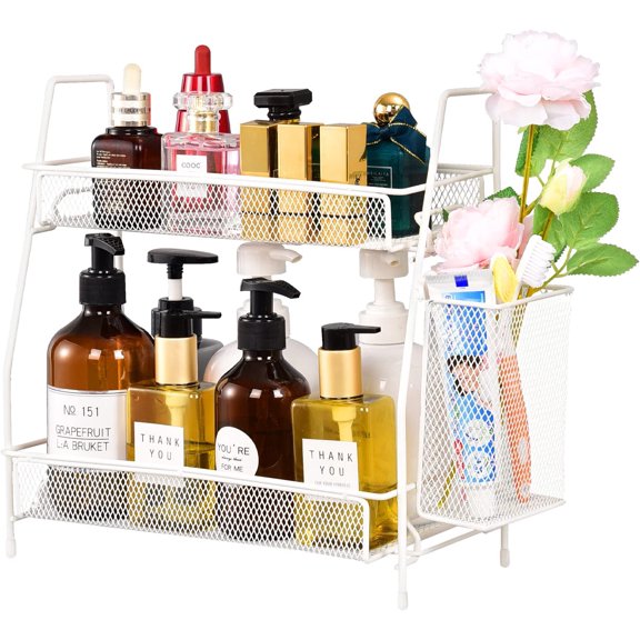 2-Tier Bathroom Countertop Organizer,Skincare, Makeup Countertop Organizers, Kitchen, Bathroom Counter Storage with Small Basket (Black)