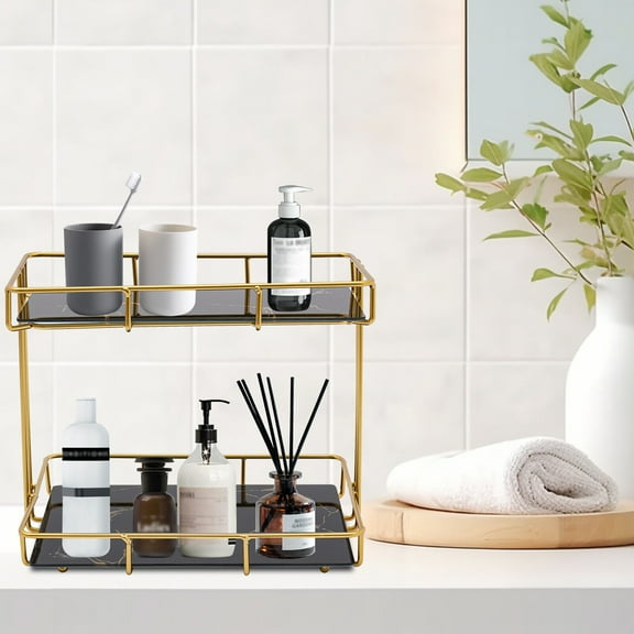 2-Tier Bathroom Countertop Organizer with Gold & Marble Design - Durable Iron & Glass, High Load-Bearing Capacity, Modern Luxury
