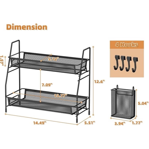 2-Tier Bathroom Organizer Countertop, Metal Wire Mesh Bathroom Counter Organizer Storage with Basket Hooks, Vanity Tray Shelf, Kitchen Spice Rack, Black
