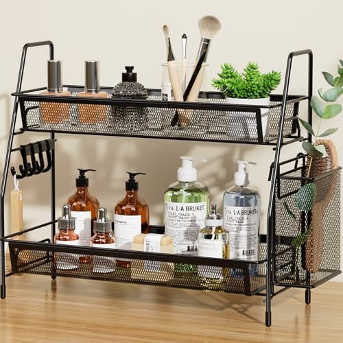 2-Tier Bathroom Organizer Countertop, Metal Wire Mesh Bathroom Counter Organizer Storage with Basket Hooks, Vanity Tray Shelf, Kitchen Spice Rack, Black