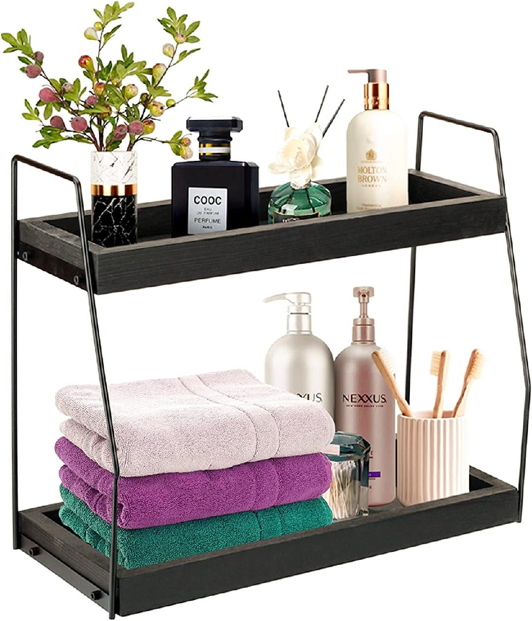 2 Tier Bathroom Organizer Countertop, Pine Wood Bathroom Sink Tray for