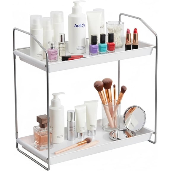 2 Tier Bathroom Organizer Countertop,Vanity Organizer,Tool-Less Installation Vanity Shelf Small Plastics Countertop Makeup Tray Skincare Perfume OrganizersWhite