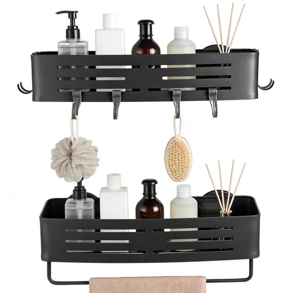 2 Tier Bathroom Organizer with Strong Suction Cups, No Drilling Shower Shelf, Aluminum Rustproof Shower Caddy, Bathroom Storage Shelf with Towel Bar and 8 Hooks, Gray