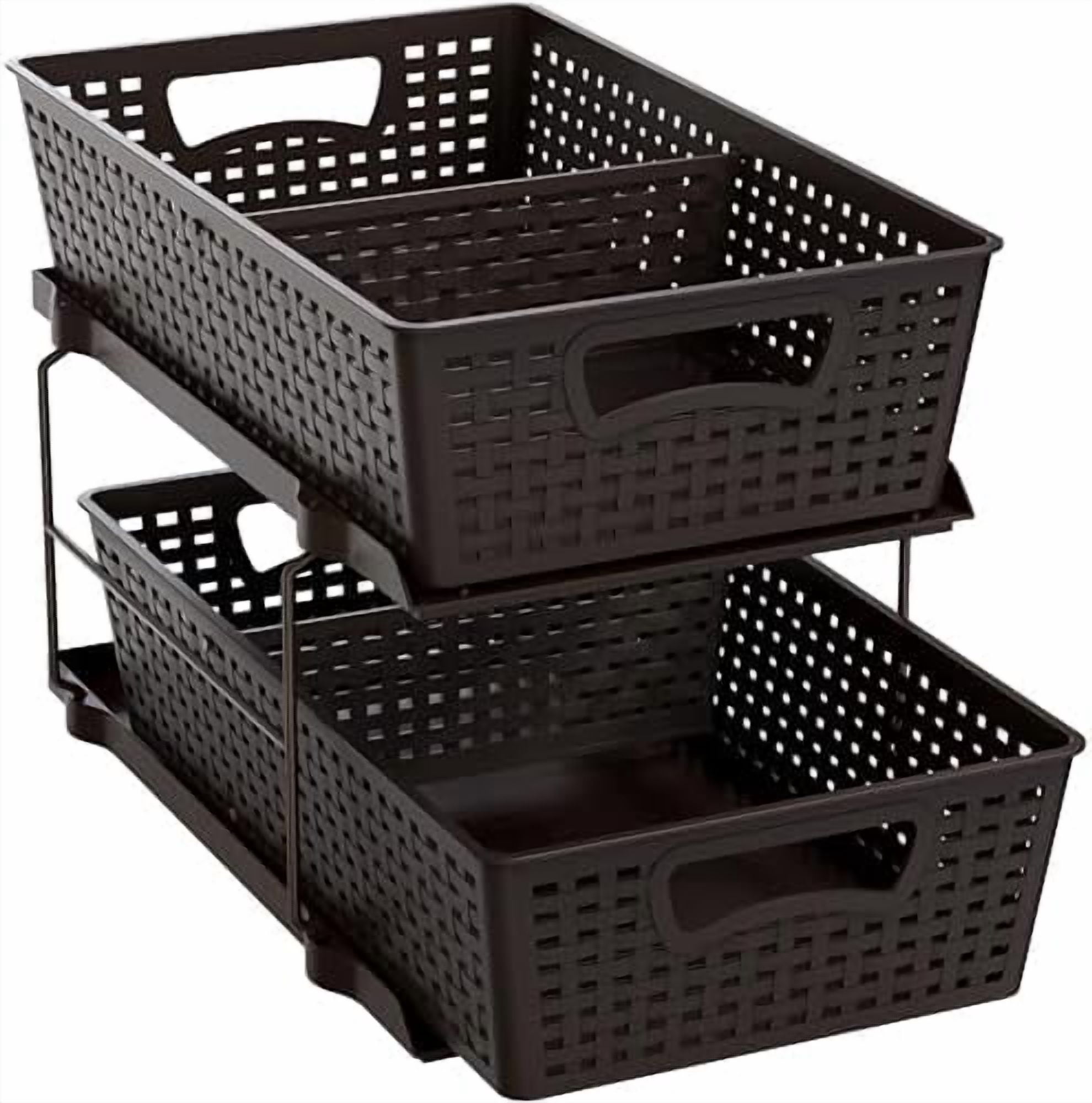2 Tier Bathroom Organizer Tray Pull-Out Sliding Drawer, Under Sink Storage, Brown