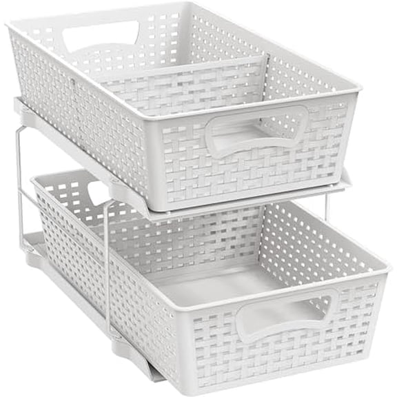 2 Tier Bathroom Organizer Tray Pull-Out Sliding Drawer, Under Sink Storage, White