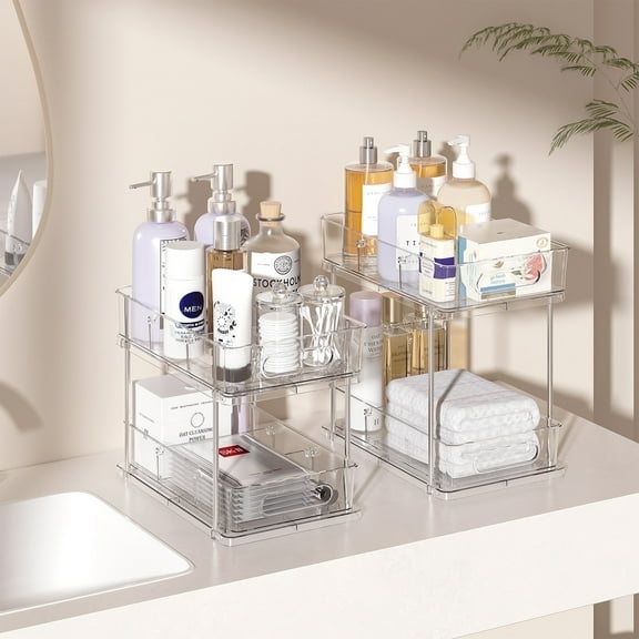 2-Tier Under Sink Storages, Mudeela Clear Pull out Clear Organizers, Bathroom Counter Organizer (2 Pack)